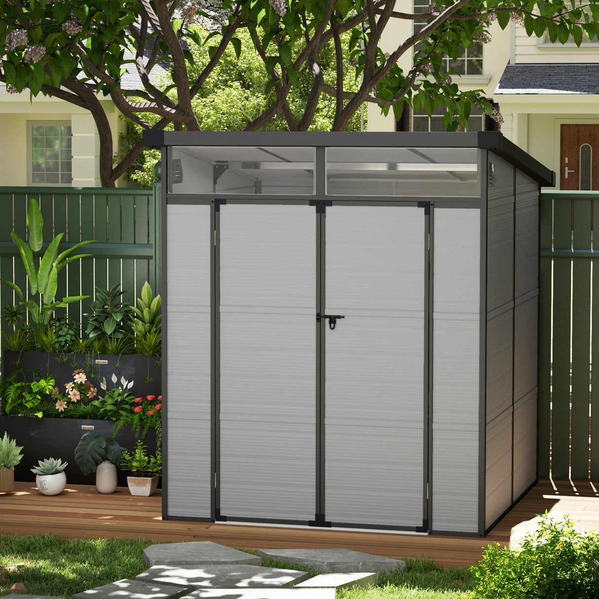 Outdoor Storage Shed, 6 x 6ft with Windows and Air Vents, Light Grey