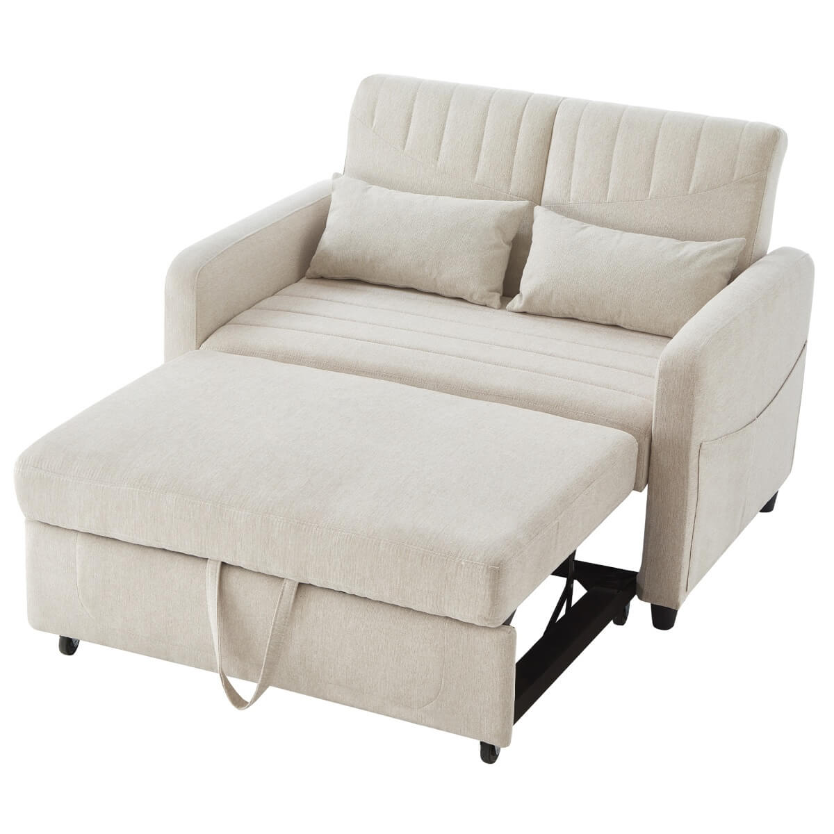 2 Seater Pull-Out Sofa Bed with Sleeping Function - Convertible Linen Sleeper Sofa, Adjustable Backrest, Beige