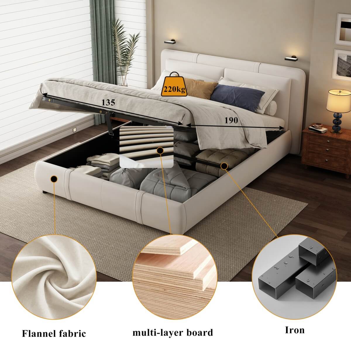 4ft6 Double Upholstered Storage Bed - Hydraulic Lift, Velvet Bed Frame with Removable Headboard, Beige