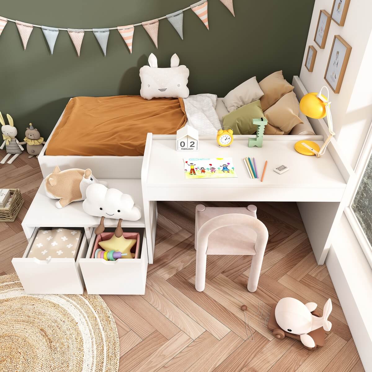 3ft Kids Single Bed with Desk & Drawers – White Wooden Storage Bed for Teens & Adults