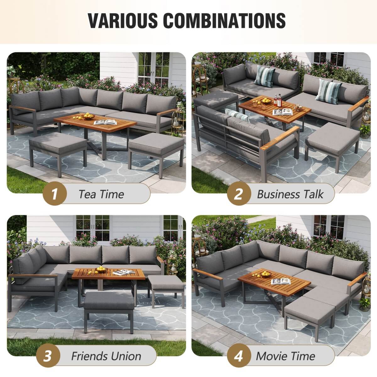 7-8 Seater Rattan Garden Furniture Set - L Shaped Corner Sofa with Coffee Table and Stools, Grey
