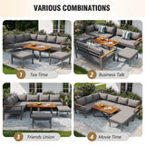 7-8 Seater Rattan Garden Furniture Set - L Shaped Corner Sofa with Coffee Table and Stools, Grey