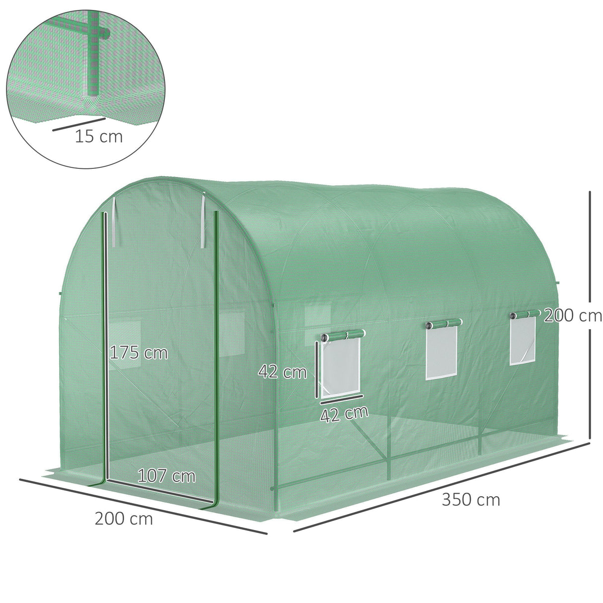 Walk-In Polytunnel Greenhouse, 3.5 x 2m Steel Frame, PE Cover, Roll-Up Door and 6 Windows, Green