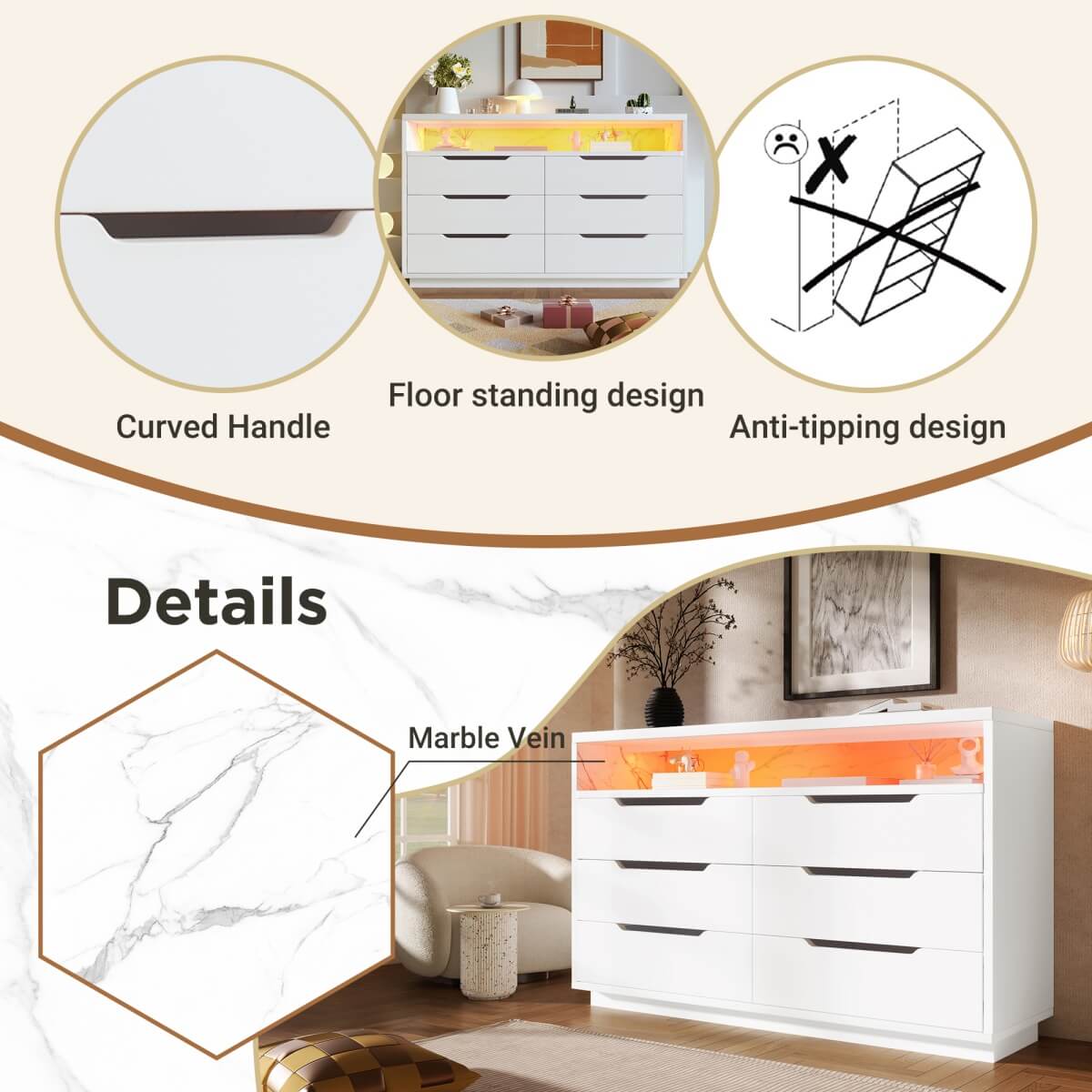 6 Drawer Chest of Drawers with RGB LED Lights - Modern Marble Effect Storage Cabinet with Shelves for Bedroom or Living Room, White