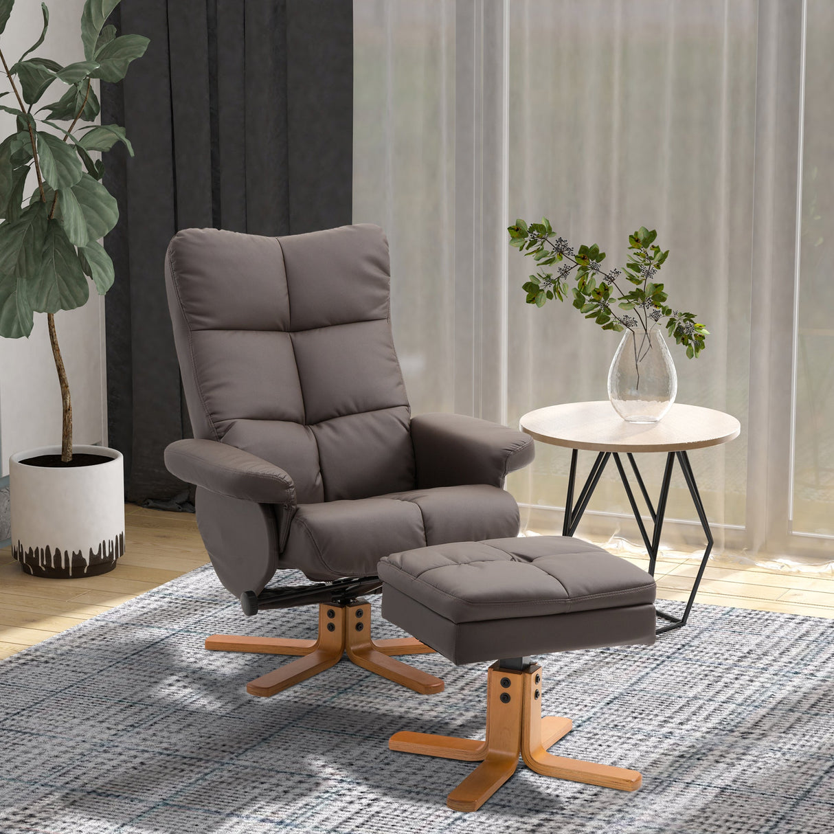 Recliner Armchair, Swivel Reclining Chair with Storage Ottoman, Faux Leather Brown