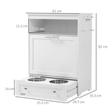 Pet Feeder Station, Dog Cat Storage Container with Raised Bowls, White