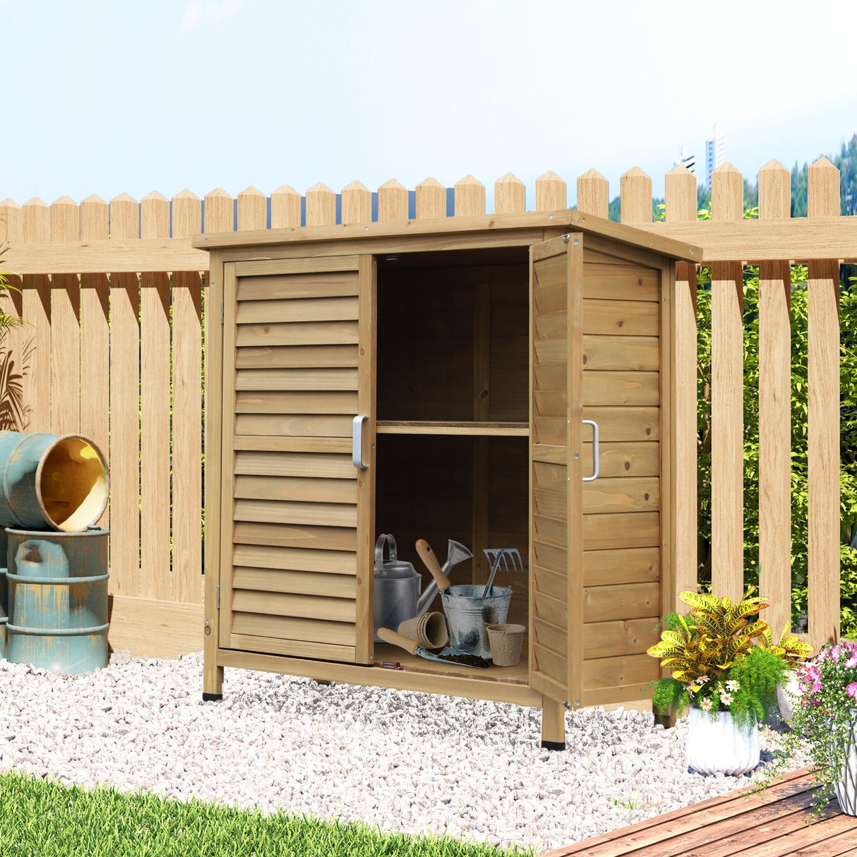 Garden Shed Wooden Storage Cabinet, 2 Door Fir Wood, Natural