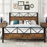 Metal Bed 4ft6 Double 135x190cm with 2 Drawers, Durable Sturdy Multifunctional Iron Storage Bed, Black+Wood Color