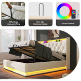 Upholstered King Ottoman Bed, 360 Surround LED, Hydraulic Storage, Charging Function, White PU