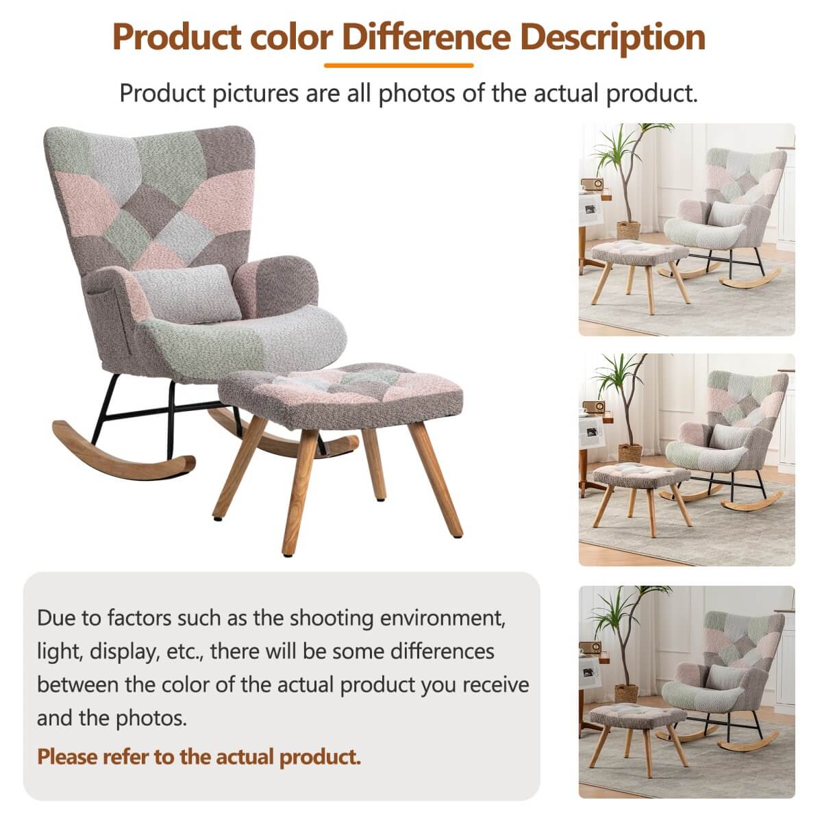 Fabric Rocking Chair with Ottoman - Wingback Accent Armchair with Wooden Legs
