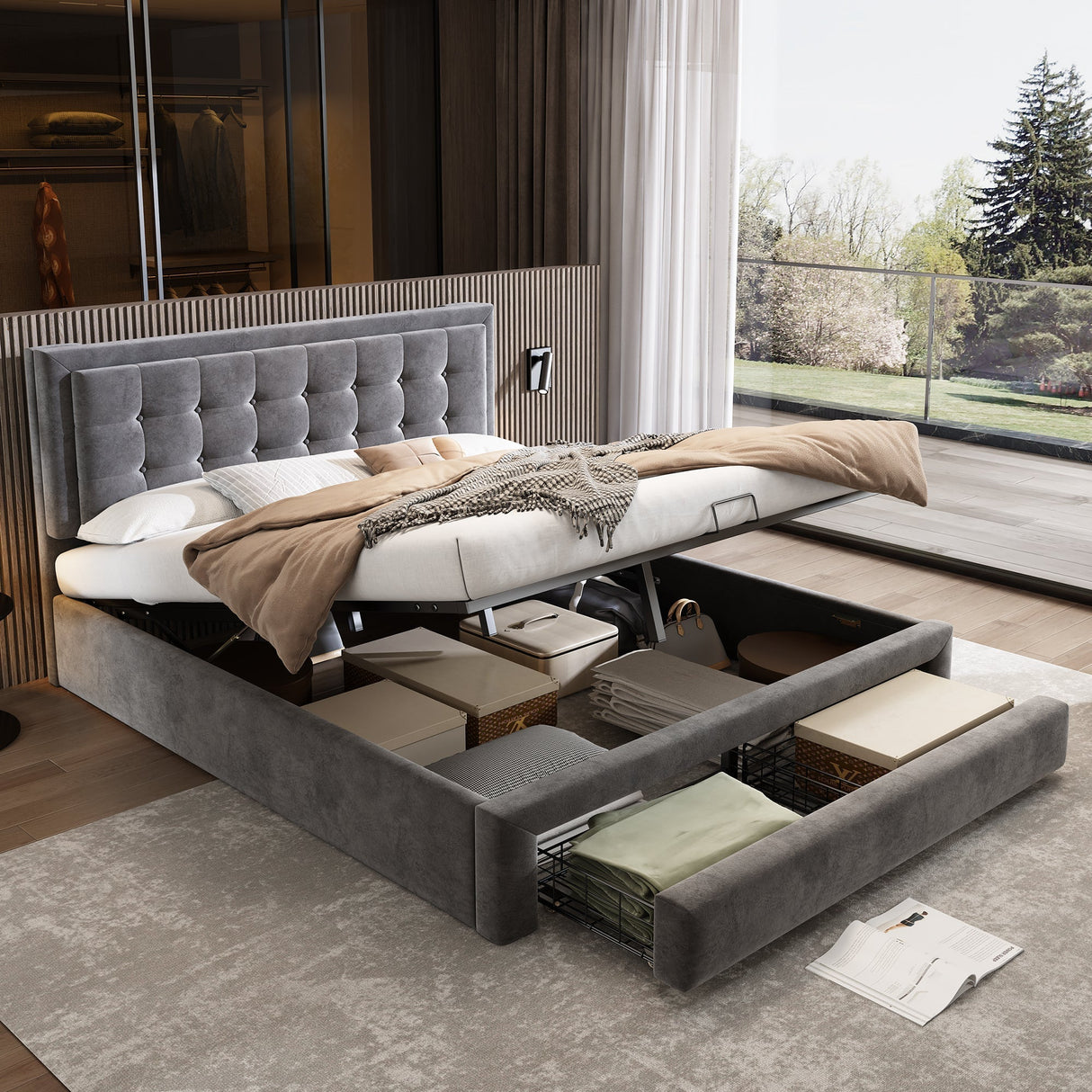 Upholstered Bed, 4ft6 Double (135x190cm) with Large Storage Space, Slats & Headboard, Grey Velvet