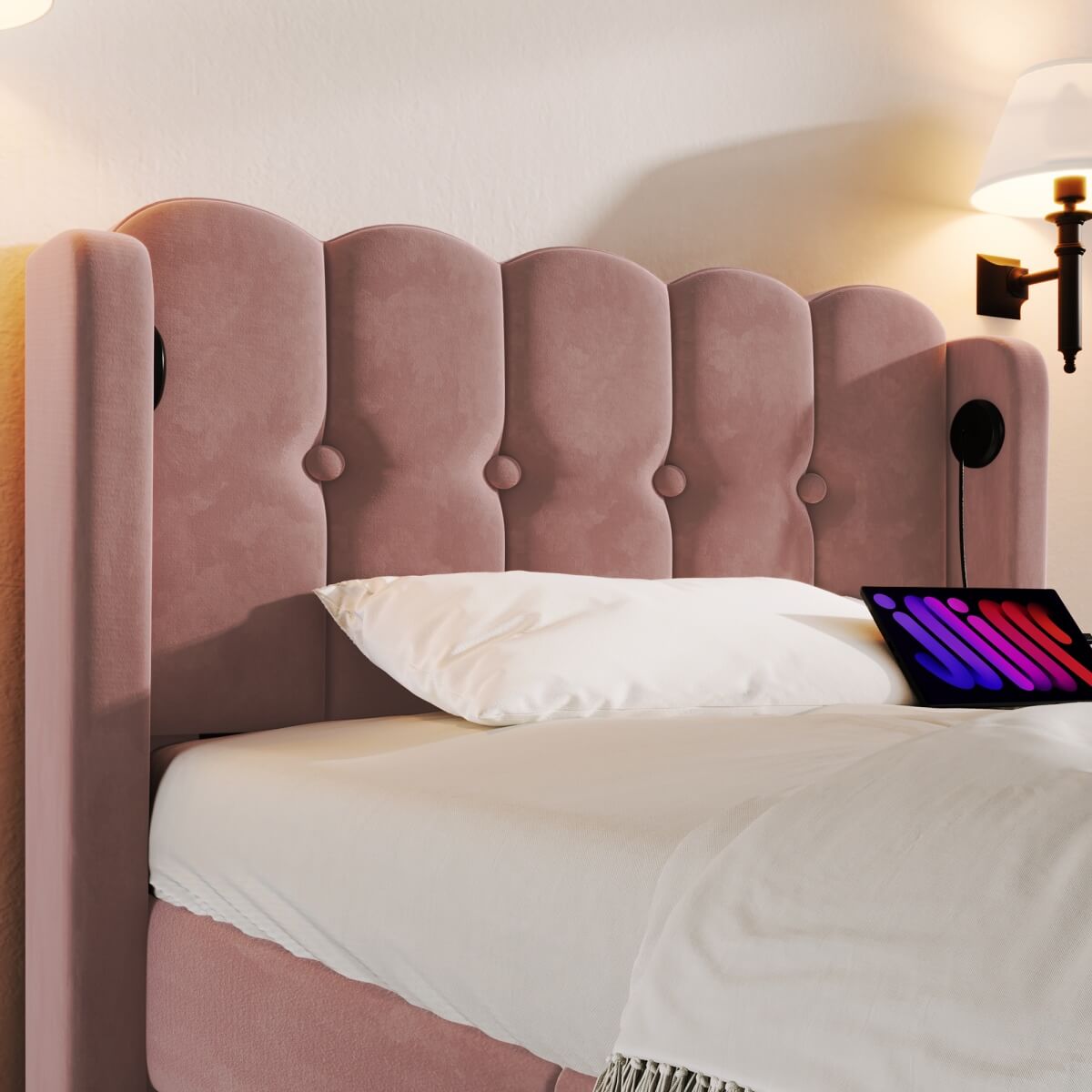 3ft Single Velvet Upholstered Bed with USB Charging - Pink Bed Frame