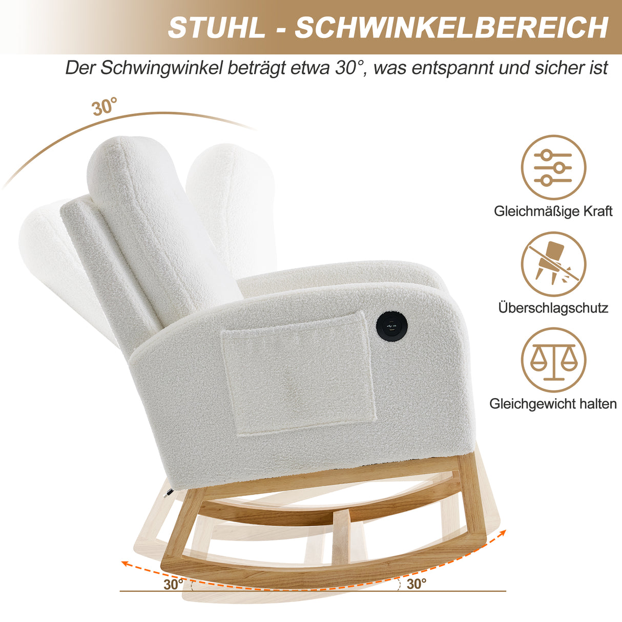 66.5*121.5*102cm Rocking Chair with USB Charging Ports, Nursing Rocking Armchair,Teddy Fabric Glider Rocker with Adjustable Footrest,Side Pocket, for Nursery Bedroom Living Room, White