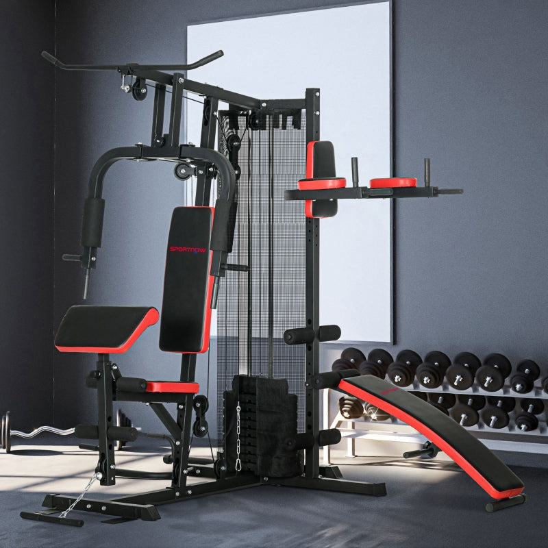 SPORTNOW Multi Gym Workout Station, 65kg Weight Stack, Sit Up Bench, Push Up Stand, Dip Station