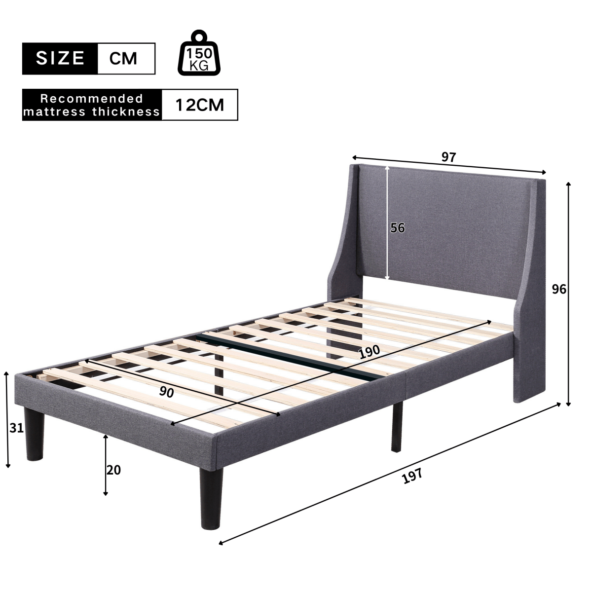 3ft Single Linen Upholstered Bed Frame - Winged Headboard, Grey