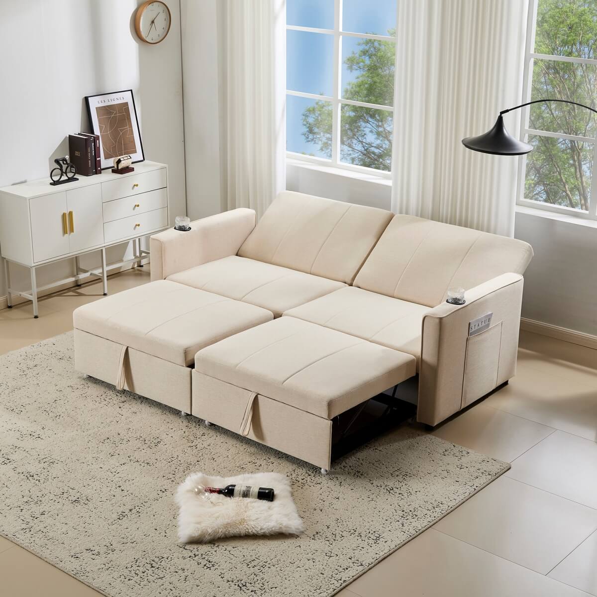 King Size Pull Out Sofa Bed - Convertible Fabric Sofa with Cup Holders and Side Pockets
