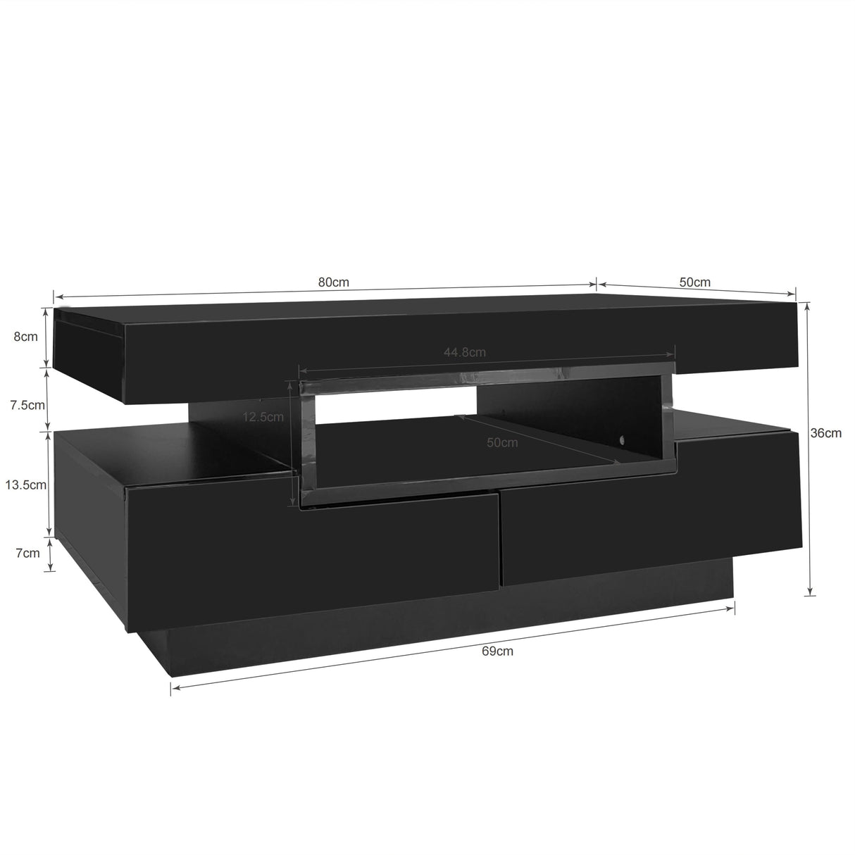 Coffee Table, High-Gloss, LED Light, Four Drawers, Large Storage, White