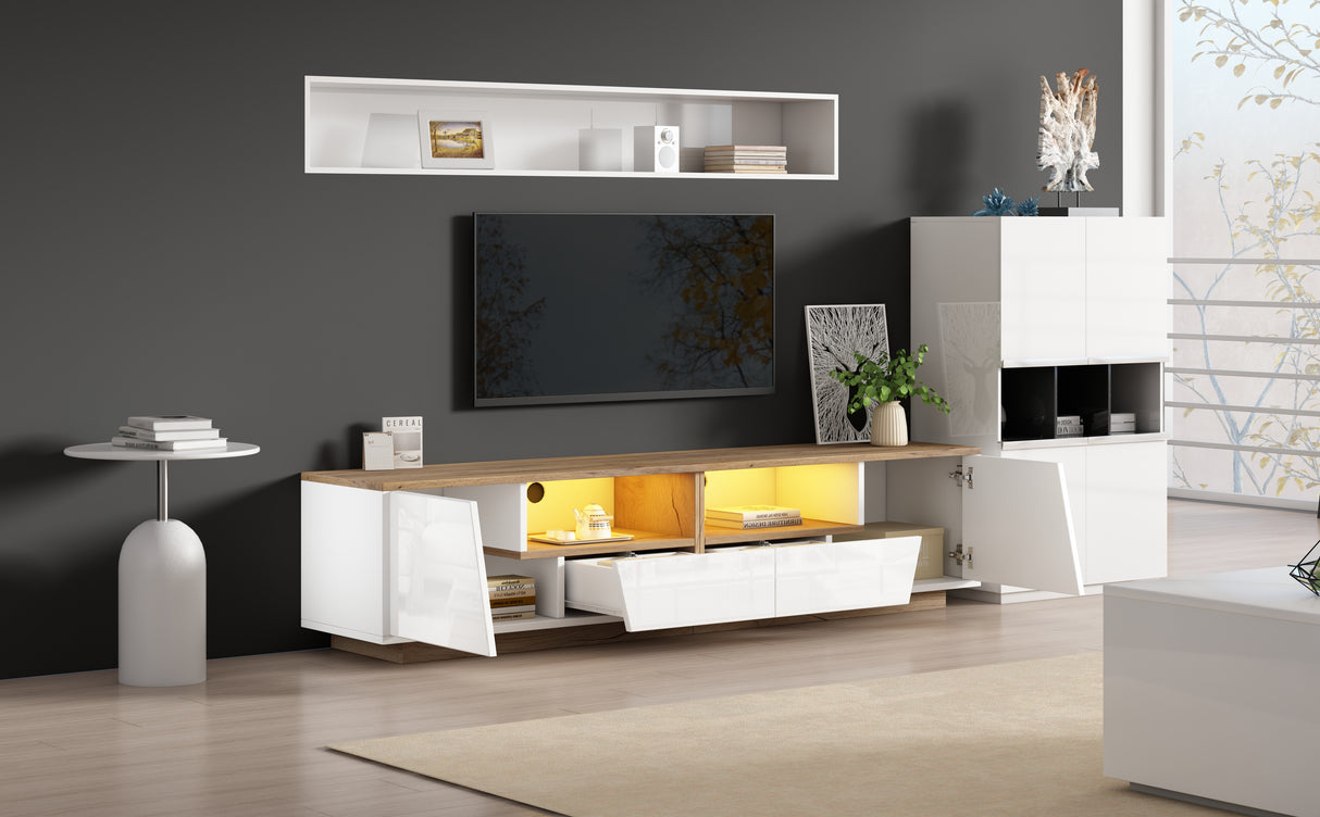 LED TV Stand for 65 Inch TV, Modern Wood Media Console with Storage Drawers, Cabinets and Cable Management, Low Profile Entertainment Center for Living Room Bedroom, White & Oak