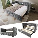 3ft Single Velvet Daybed with Trundle - Sofa Bed with USB & Type C Charging, Grey