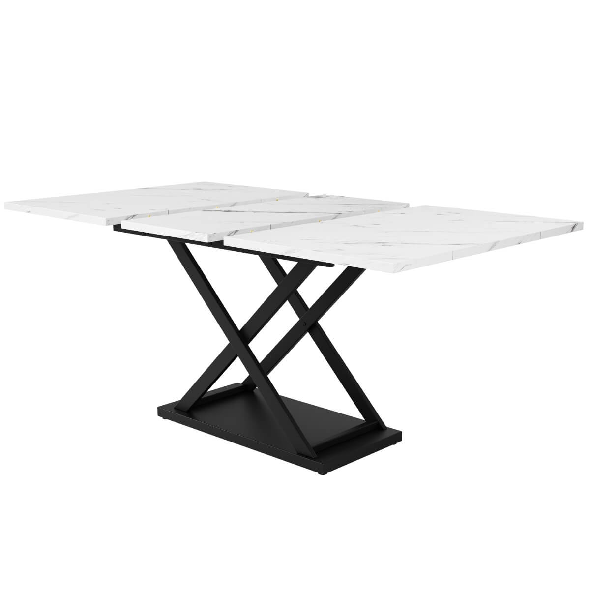 Extendable Dining Table 120-160cm - White Marble Effect Top, Black Cross Legs