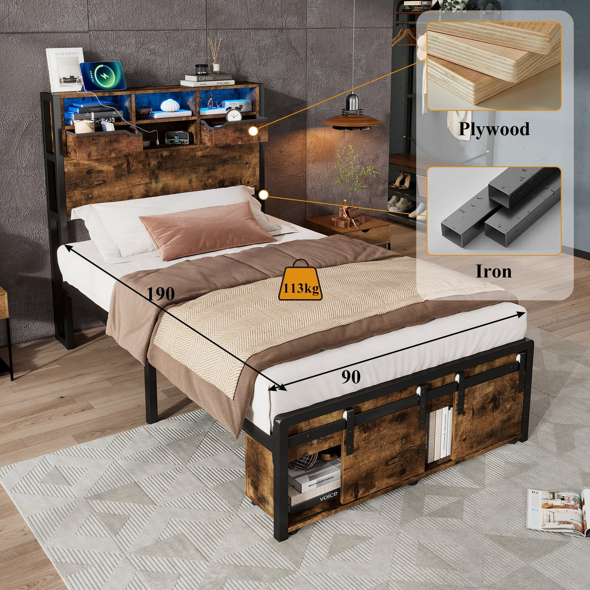 Metal Iron Bed, 3ft Single 90x190cm, with Multi-Color LED Lights, Charging Port (2A/1C), Storage, Black Wood
