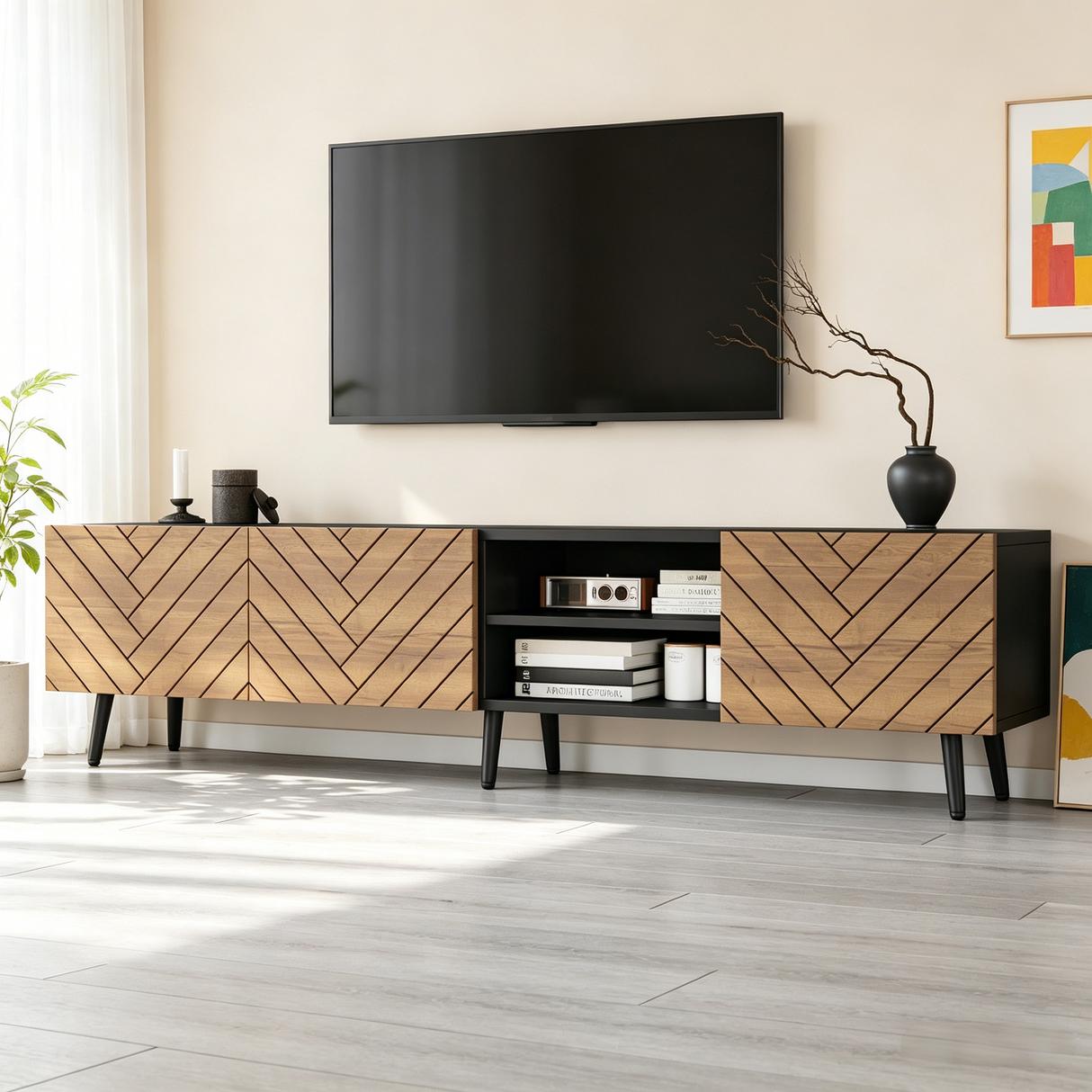 Modern Geometric TV Stand, Lowboard, TV Cabinet, TV Unit, Modern Industrial Entertainment Center, Black Media Console with Open Shelf & Cabinets, Low Storage Cabinet for Living Room