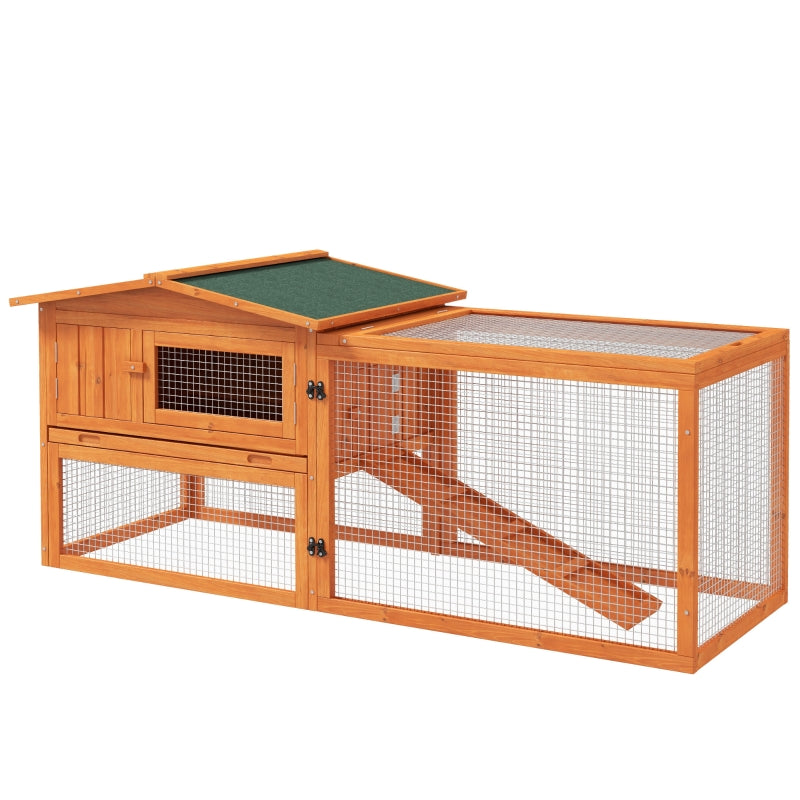 Rabbit Hutch with Run Outdoor Bunny Cage with Sliding Tray, Hay Rack, Ramp, Wooden Orange