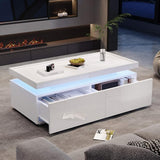 High Gloss Coffee Table with LED Lights - Modern White Storage Table with 2 Drawers