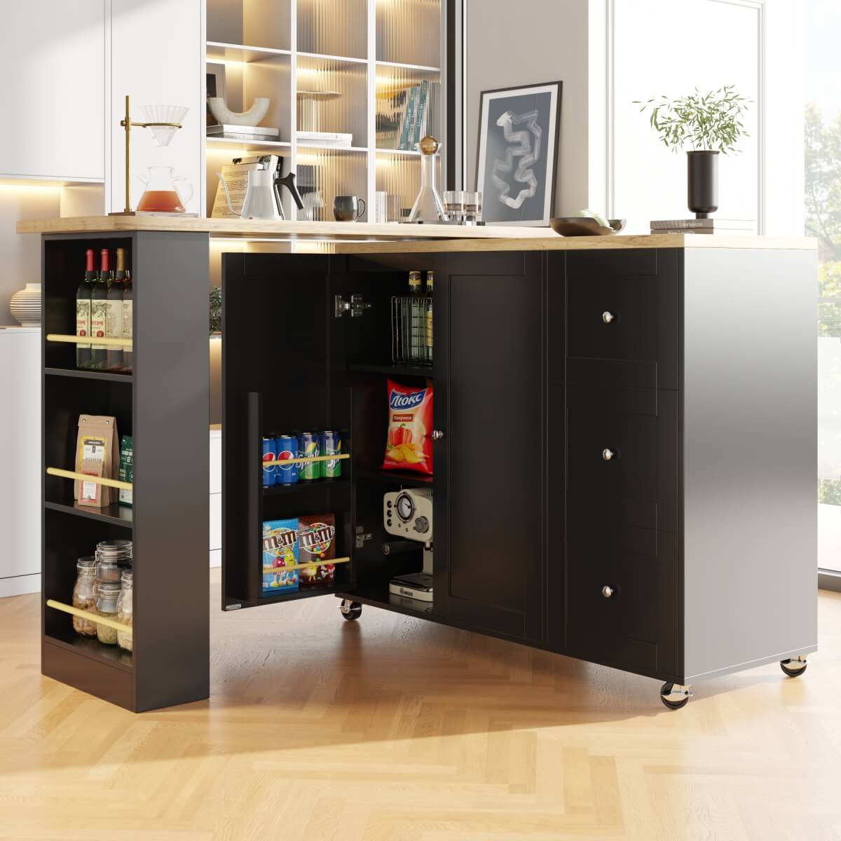 360° Rotating Kitchen Island - Extendable Bar Table with 3 Drawers, Snack Rack & Castors, Multifunctional Storage Cabinet, Black
