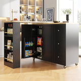 360° Rotating Kitchen Island - Extendable Bar Table with 3 Drawers, Snack Rack & Castors, Multifunctional Storage Cabinet, Black