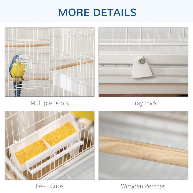 Large Bird Cage for Finch Canaries Parakeet with Rolling Stand, Slide-out Tray, Storage Shelf, Food Containers, White