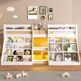 3ft Single Low Loft Bed with LED Light, Wooden Bed Frame with Stairs, Bookcase, Storage Shelf and Under-bed Play Space, Modern Bed with Safety Guardrail, Saving-space Design, White (No Mattress)