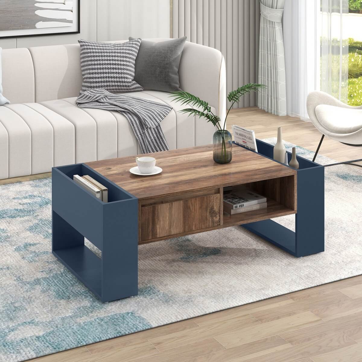 Wood Grain Coffee Table with Double-Sided Storage — Handleless Drawer & Open Compartments for Living Room or Office