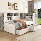 Platform Bed with Trundle, Bookcase & USB, Single 3ft, Storage Drawers and Shelves, White