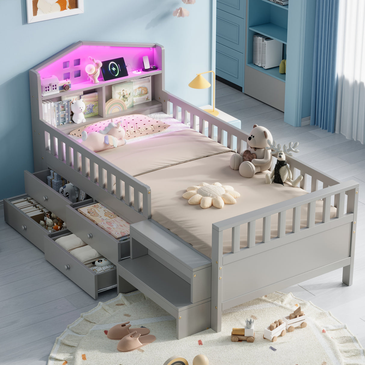 3ft Single Wooden Bed Frame, LED Lighting, Headboard Storage & Drawers, USB Charging Port, Safety Rails & Step Stool, Easy Assembly, Grey (No Mattress)