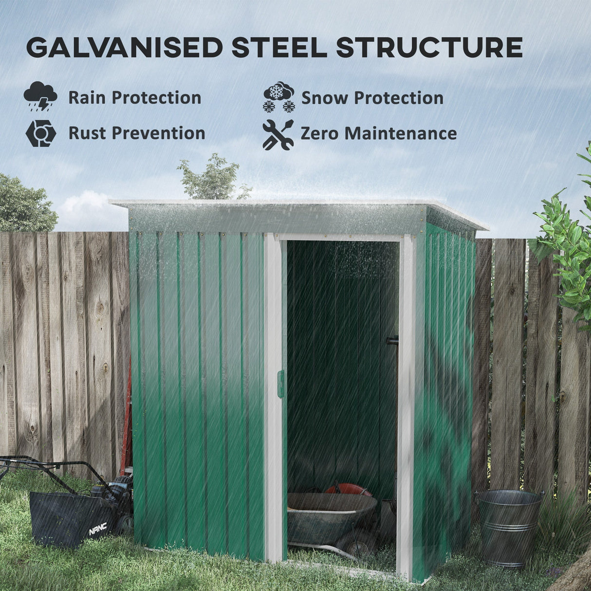 Garden Storage Shed with Sliding Door and Sloped Roof, Green