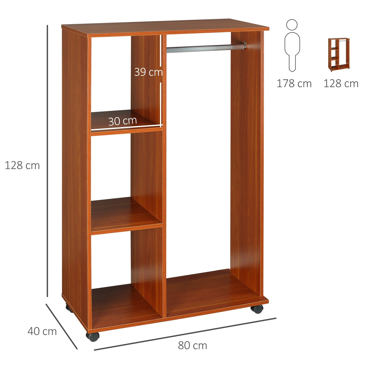 Open Wardrobe on Wheels, Clothes Hanging Rail & 3 Storage Shelves, Walnut