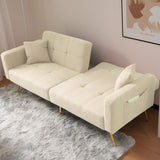 Modern Convertible Sofa Bed - Adjustable Recliner with Gold Legs and Side Storage Pockets, Beige