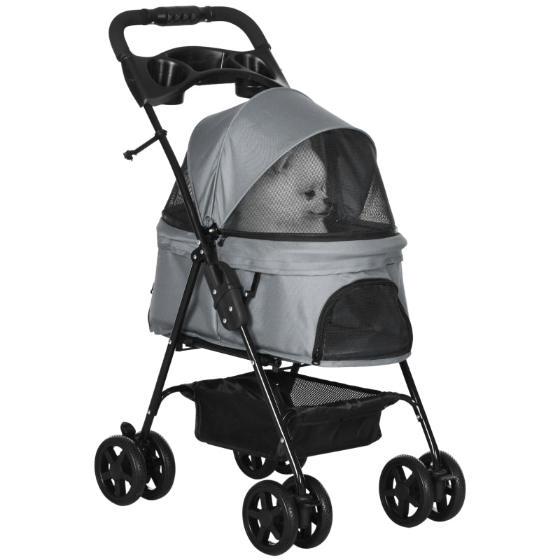 No-Zip Pet Stroller One-Click Fold Travel Pushchair with EVA Wheels, Grey
