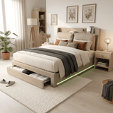 4ft6 Double Velvet Ottoman Bed - Upholstered Storage Bed with LED Lighting & End Drawers, Beige