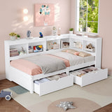 3ft Single L-Shape Daybed with 2 Storage Drawers & Bookcase - Modern Wooden Bed Frame with Charging Station, White
