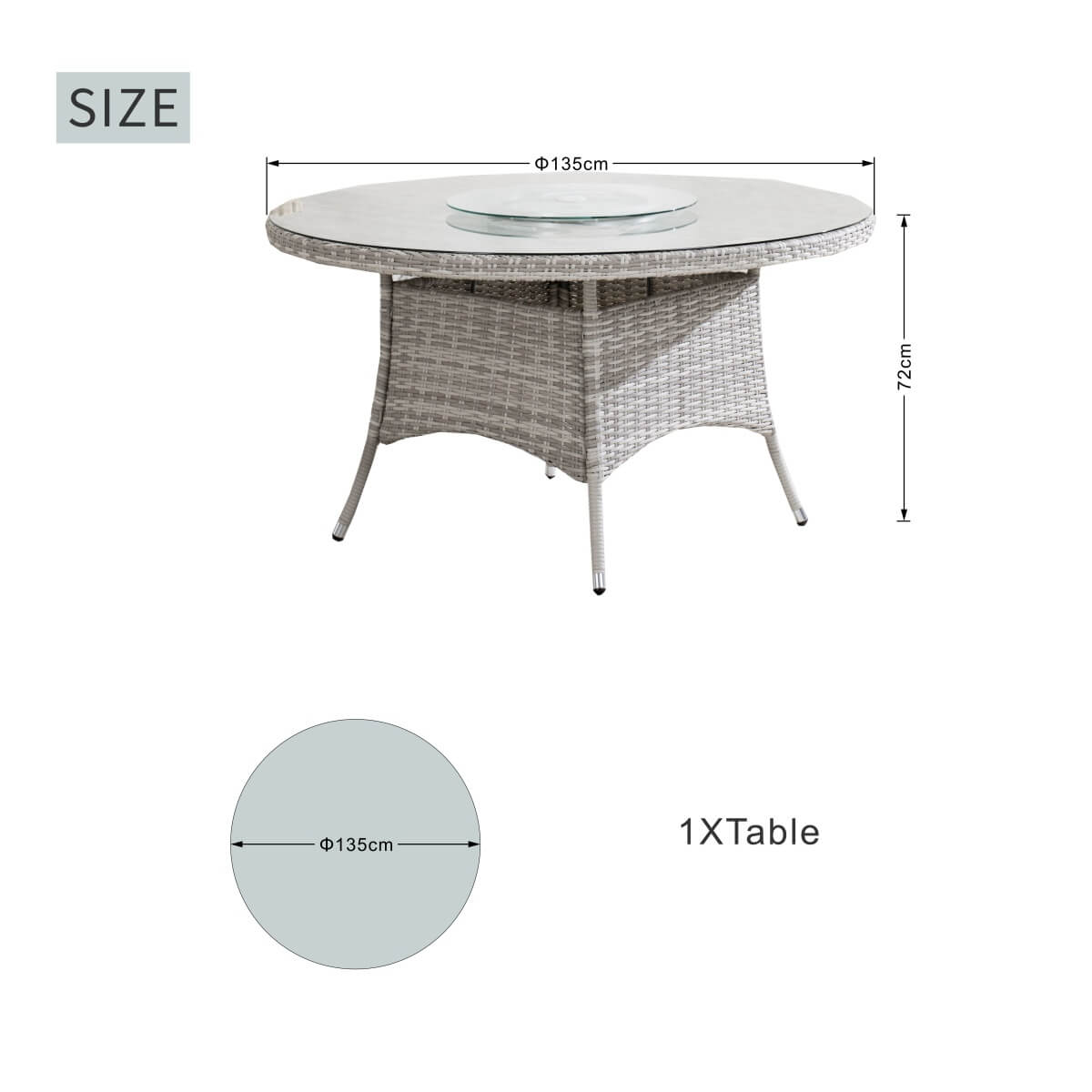 6 Seater Outdoor Rattan Round Dining Table - Glass Turntable & Parasol Hole Garden Table