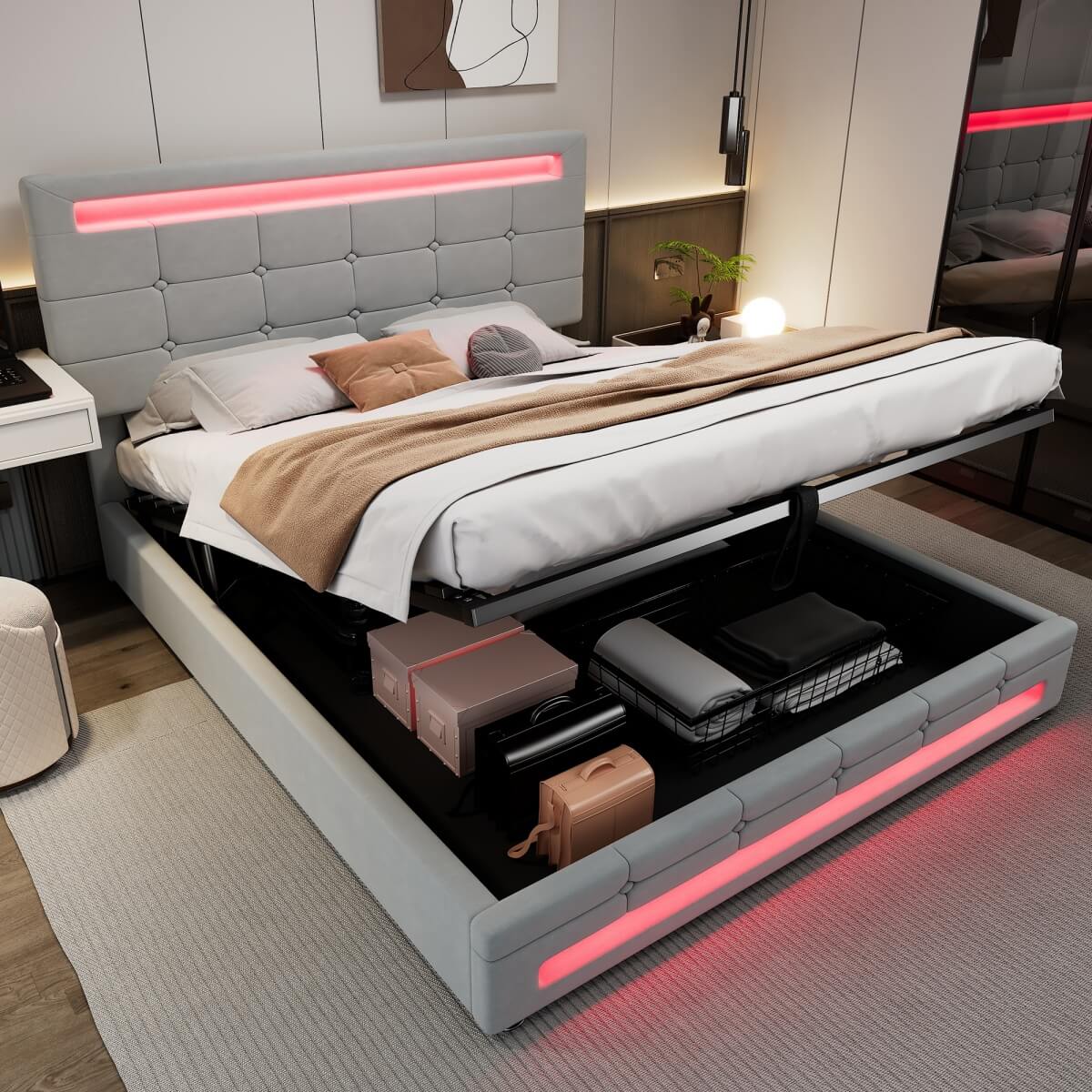 4ft6 Double Velvet Ottoman Bed - LED Storage Bed Frame with 7 Colour Lights, Grey