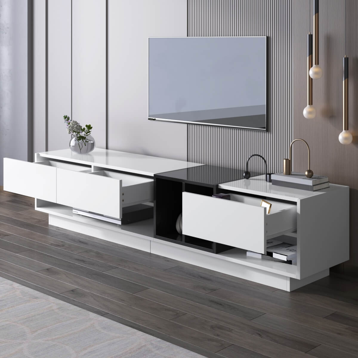 Modern TV Unit with High Gloss White and Black Finish - Lowboard with Drawers, Storage Compartments and Shelves
