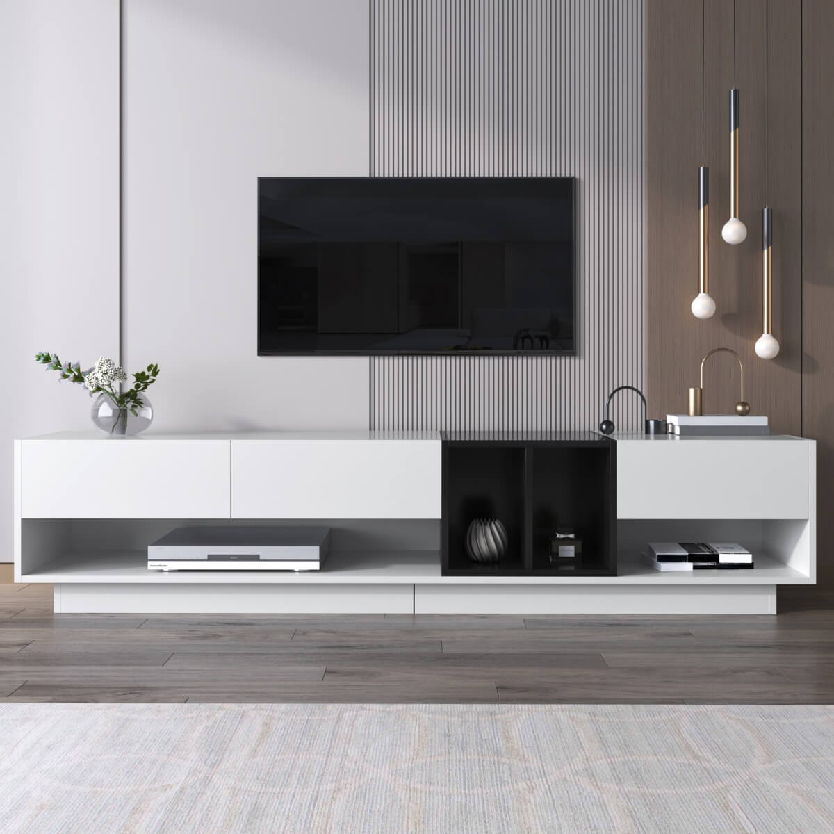Modern TV Unit with High Gloss White and Black Finish - Lowboard with Drawers, Storage Compartments and Shelves