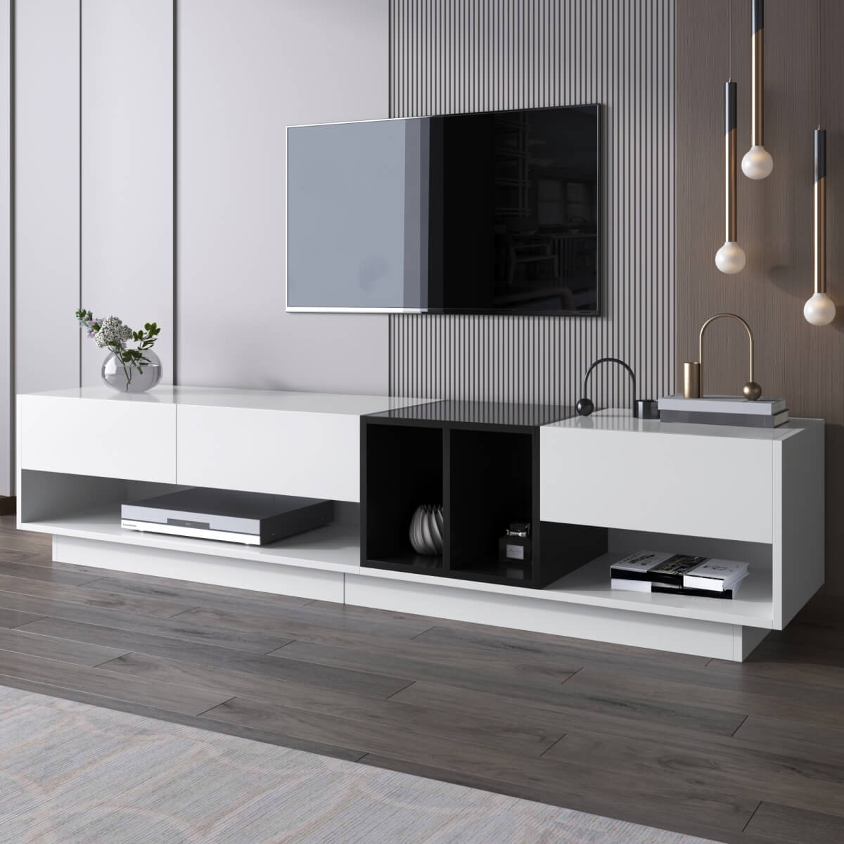 Modern TV Unit with High Gloss White and Black Finish - Lowboard with Drawers, Storage Compartments and Shelves