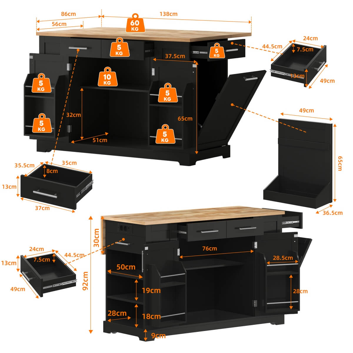 138cm Kitchen Island on Wheels with Folding Worktop - Mobile Kitchen Cabinet with Pull-Out Bin & Power Outlet