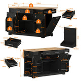 138cm Kitchen Island on Wheels with Folding Worktop - Mobile Kitchen Cabinet with Pull-Out Bin & Power Outlet