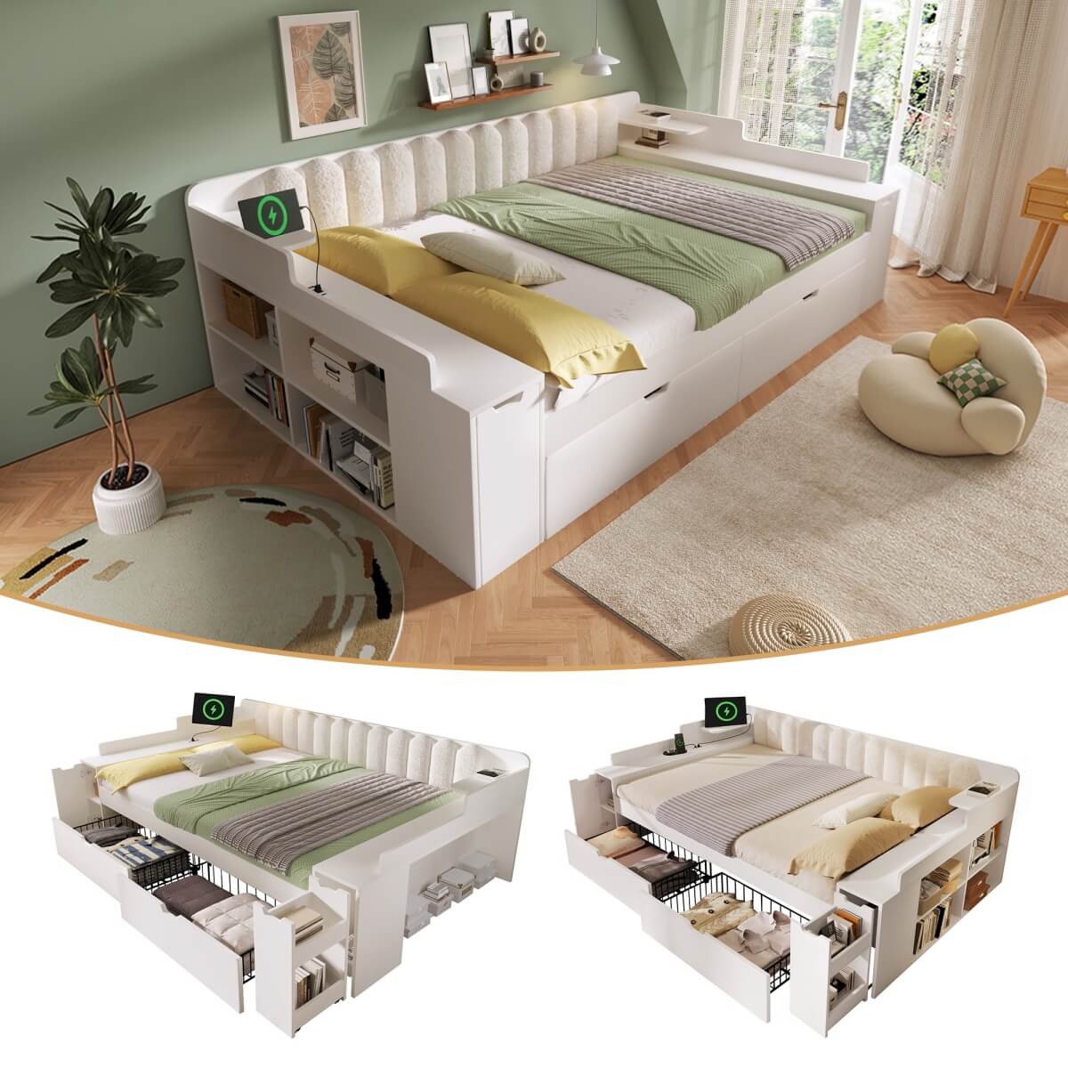 4ft6 Double Wooden Daybed with Side Storage Cabinet - Multifunctional Sofa Bed with USB and Type-C Charging Station, White