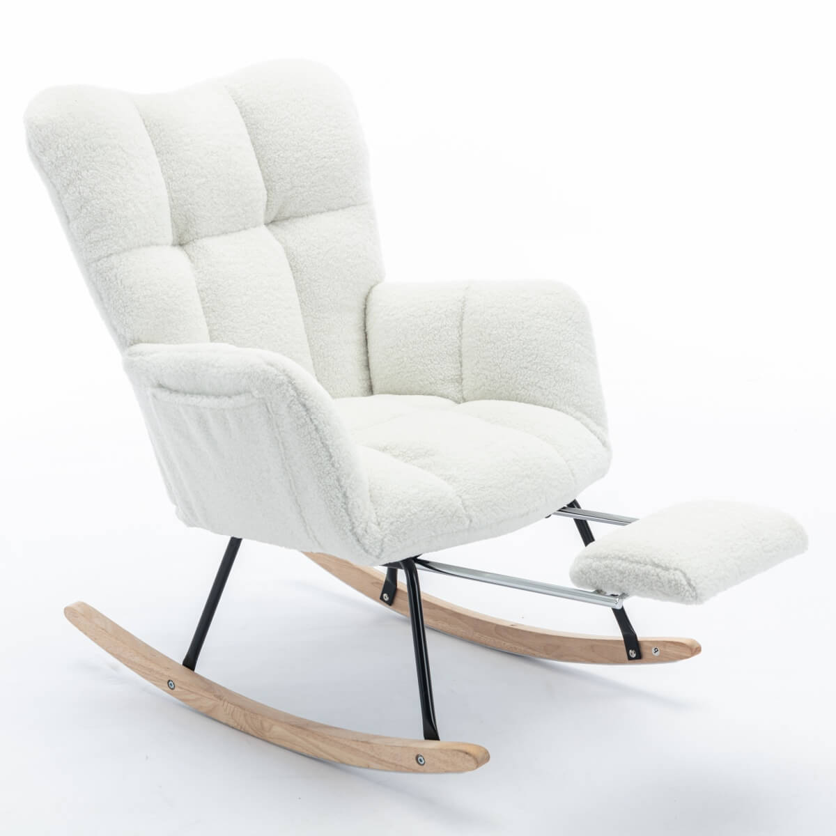 Teddy Fabric Rocking Chair with Pull Out Footrest - Tufted Upholstered Armchair, White